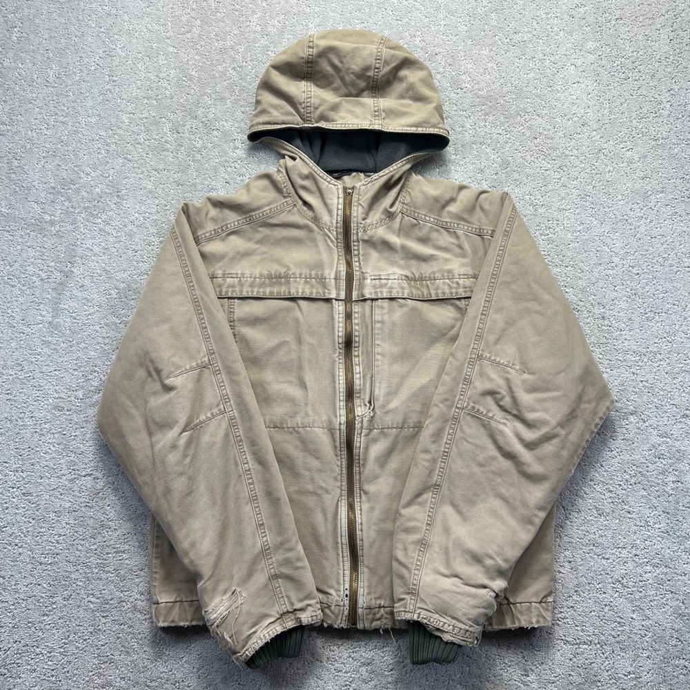 Columbia Jacket Mens Medium Tan Canvas Workwear Distressed Fleece Lined Hooded